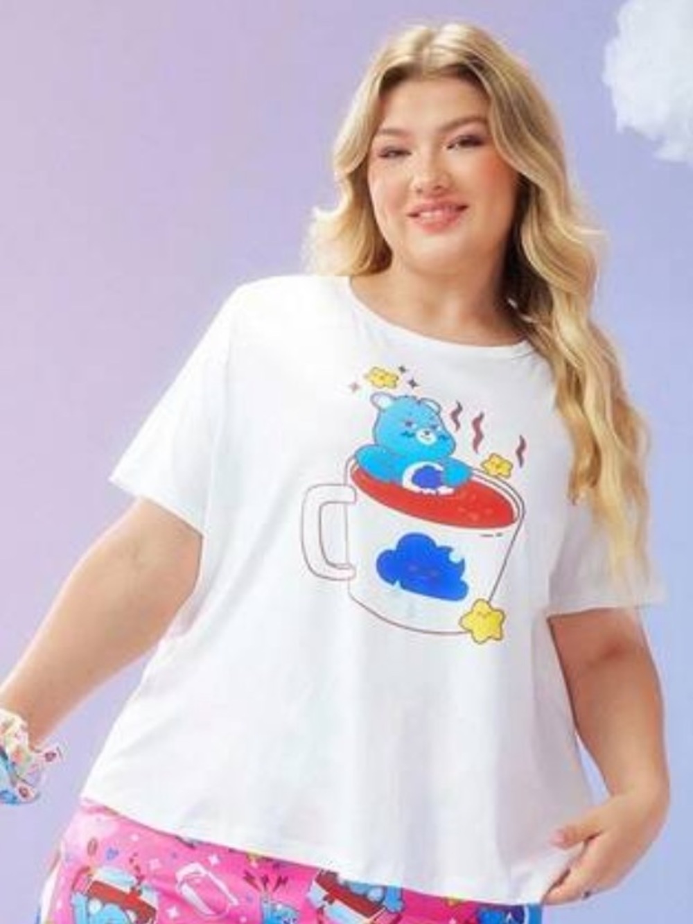 SHEINCurve White Cute CareBear Grumpy Bear Cup Short Sleeve Pajama Top